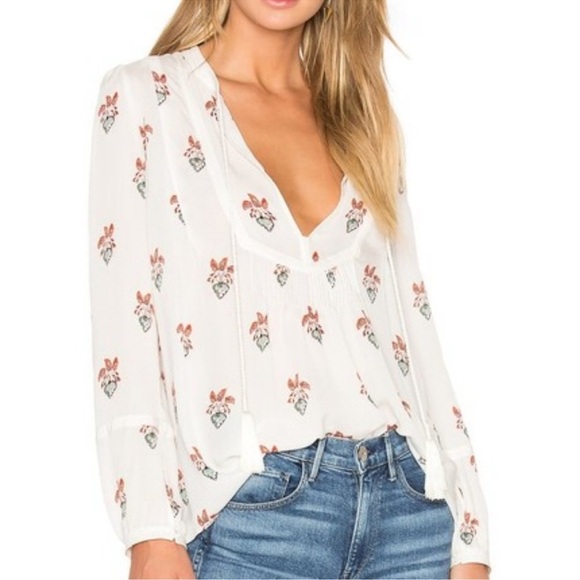 A.L.C. Hari Front Tie Floral Silk Blouse, cream, size 10 - Picture 1 of 16